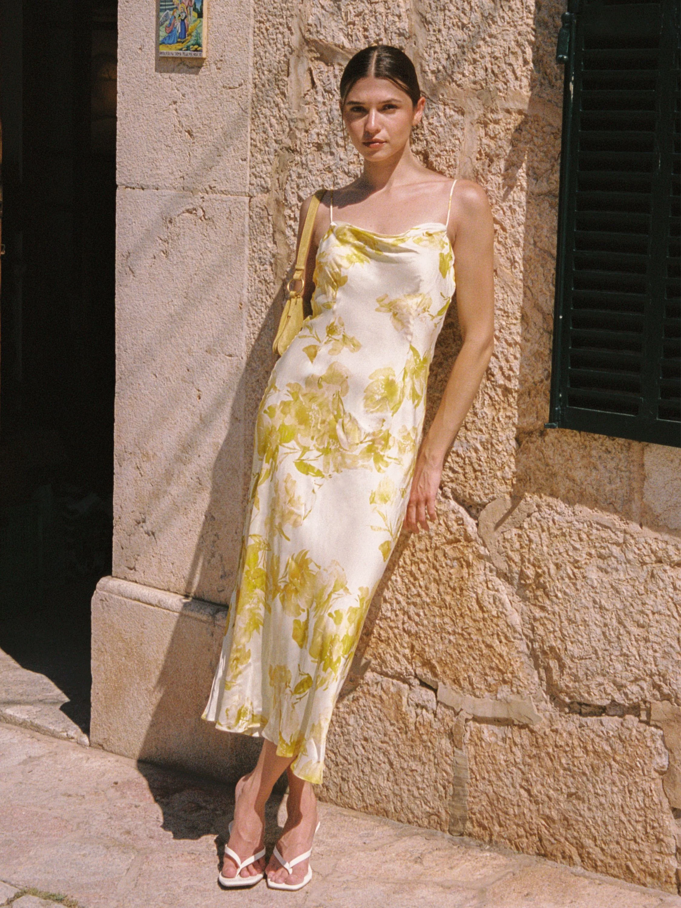 OONA SATIN SOPHIE FLEUR COWL NECK DRESS