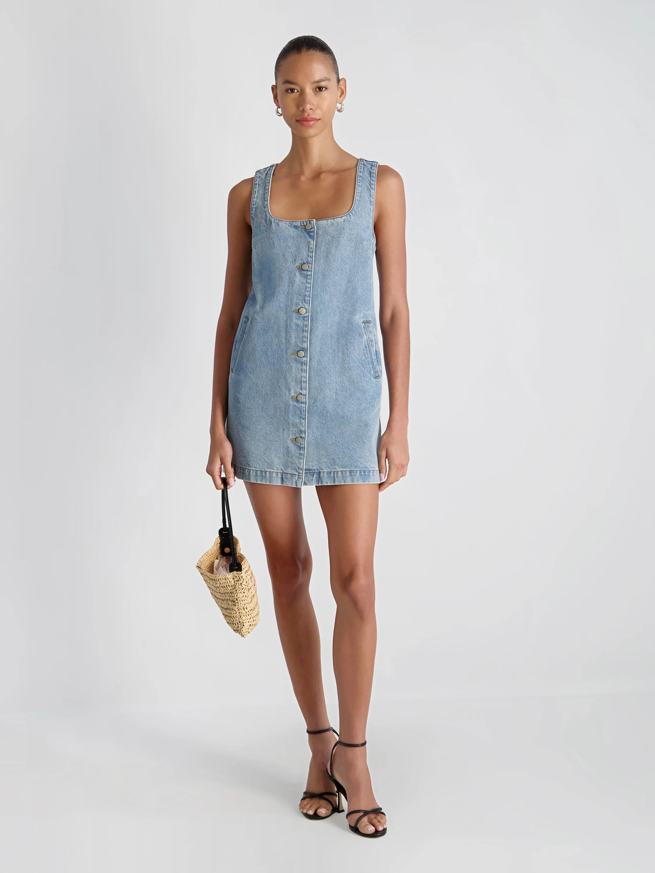 90S DENIM BUTTON-FRONT SLEEVELESS MINI DRESS