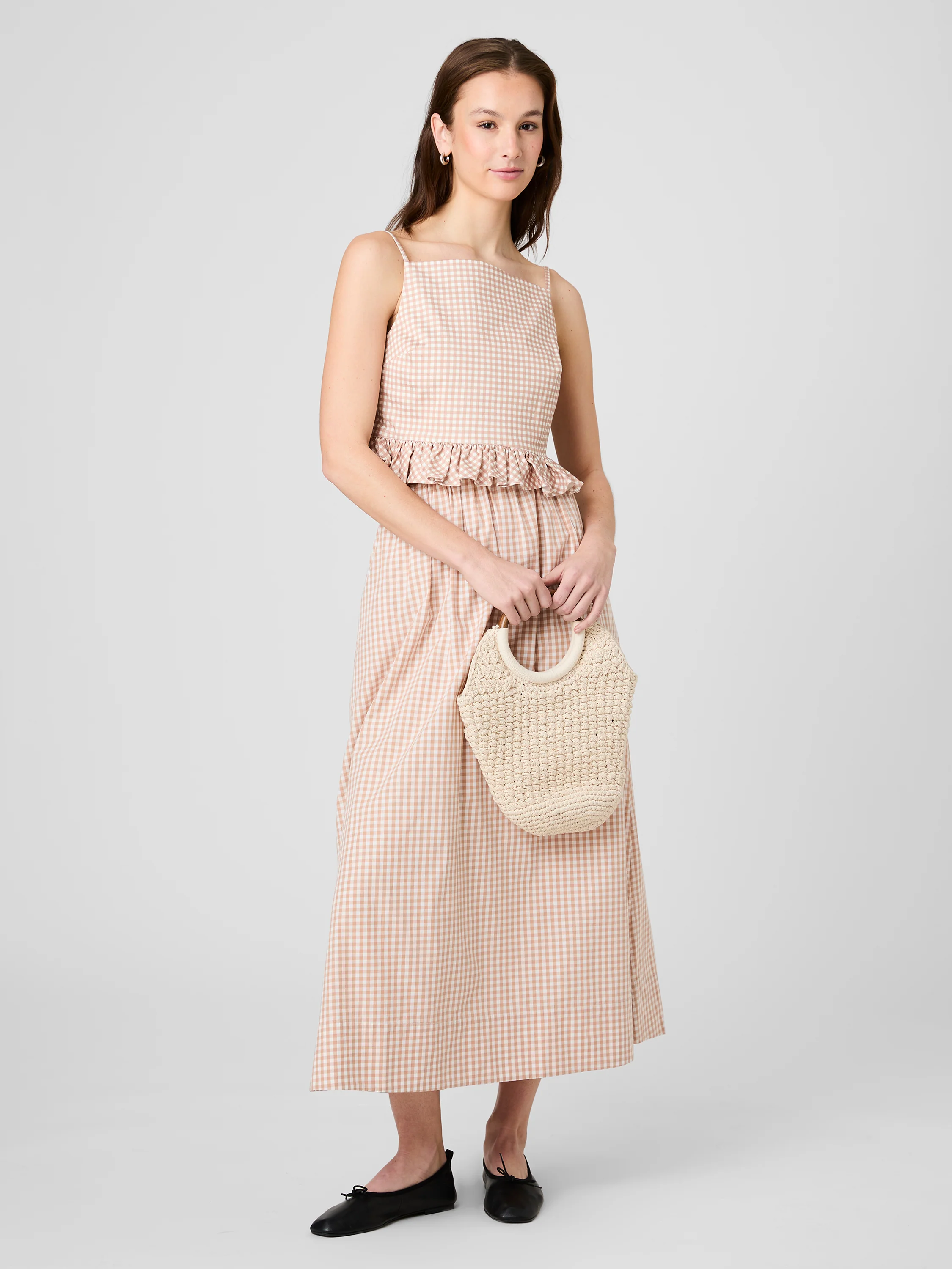LILAH STRETCH COTTON GINGHAM RUFFLE PEPLUM TOP - Image 2