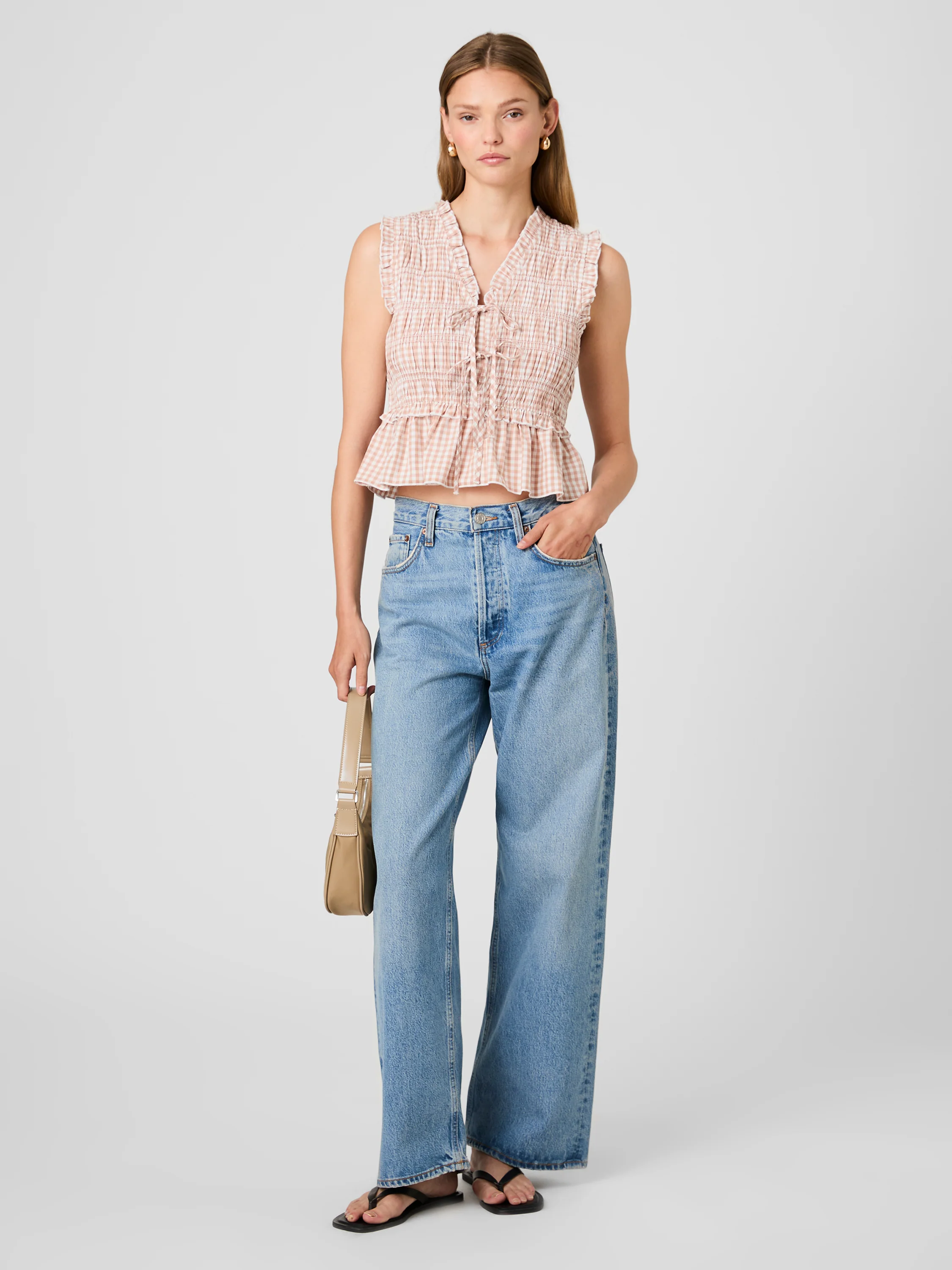 RHODES POPLIN GINGHAM FLUTTER SLEEVE TOP