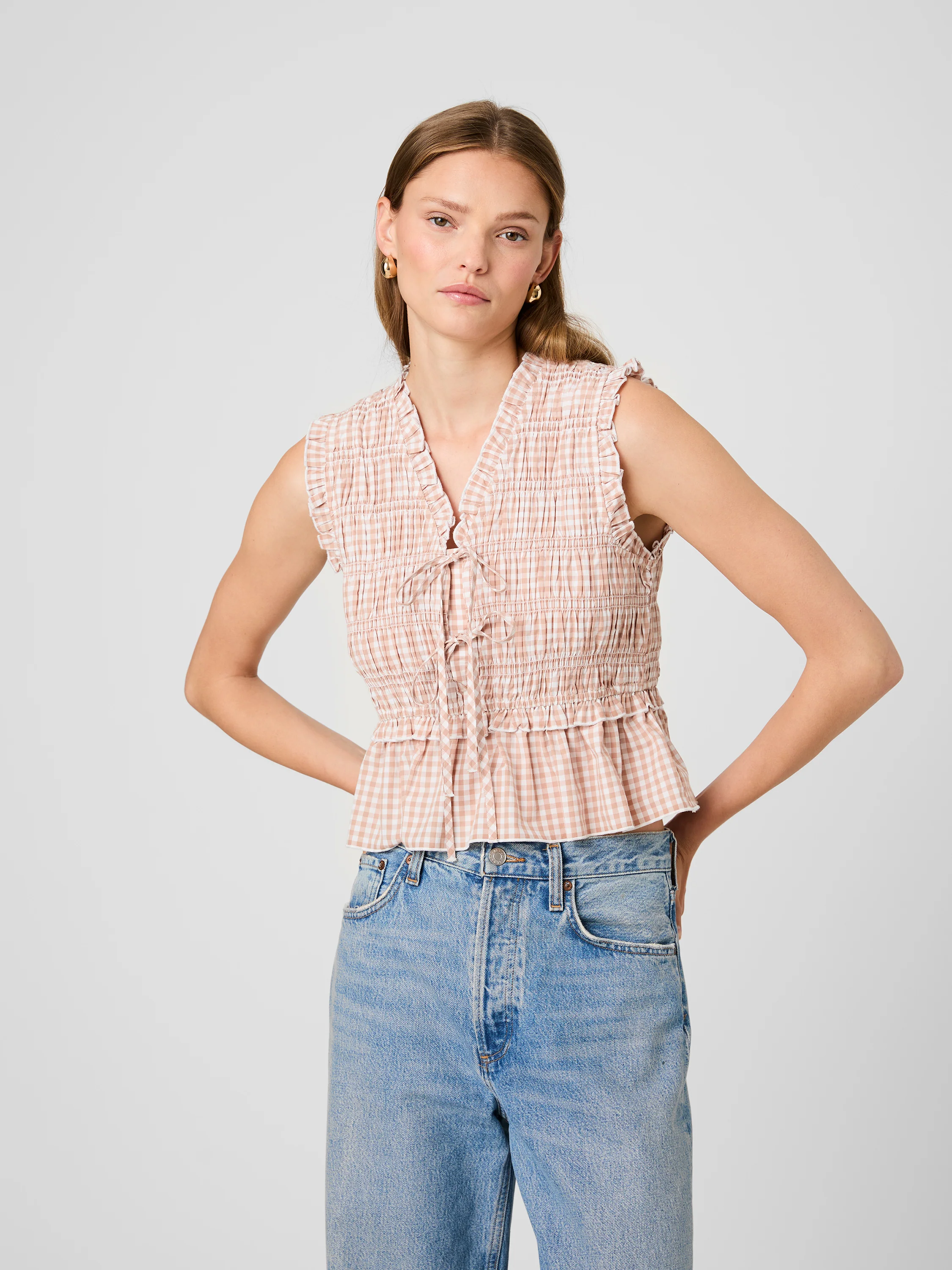 RHODES POPLIN GINGHAM FLUTTER SLEEVE TOP - Image 2