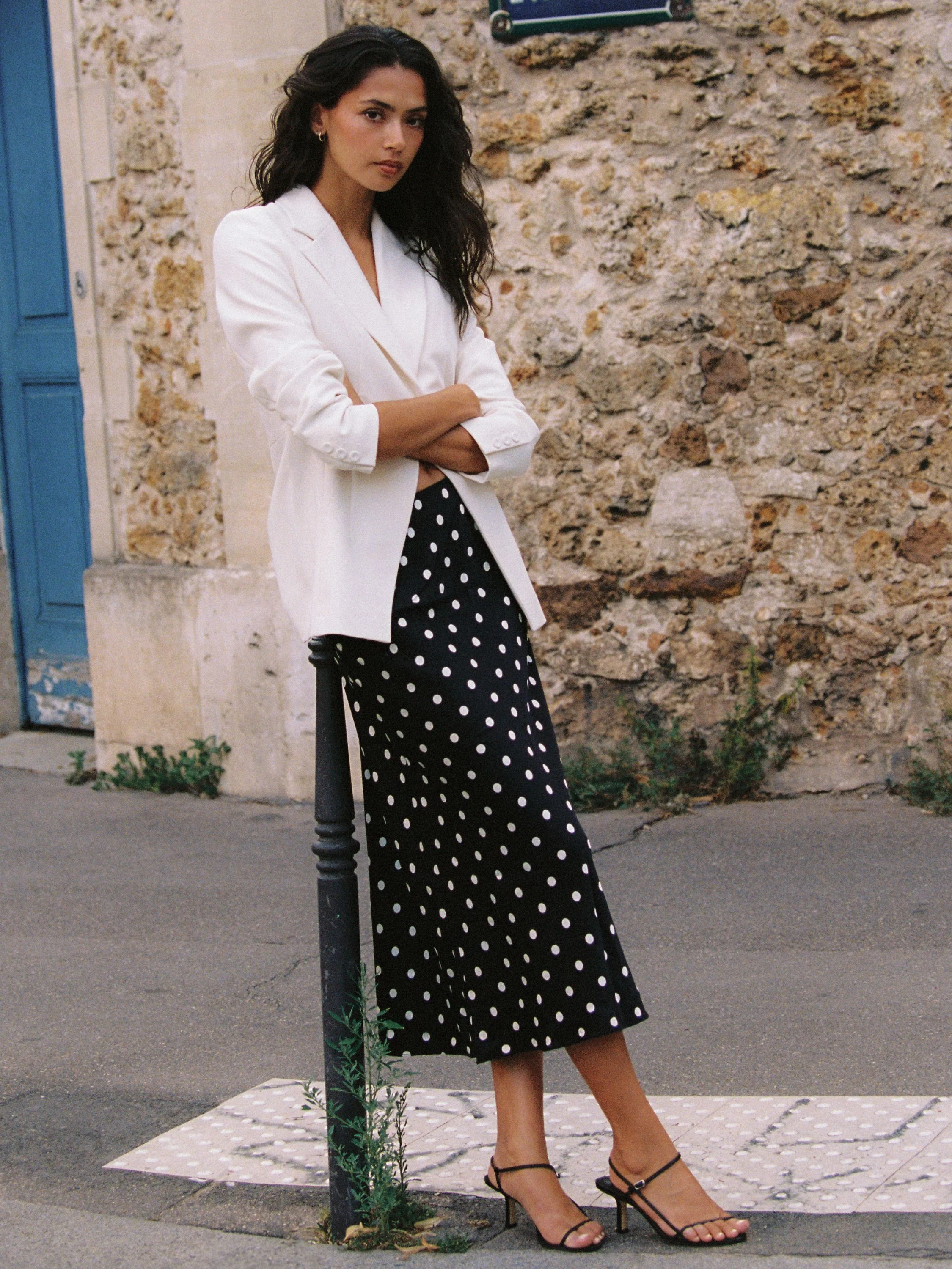 ENNIS SATIN POLKA DOT MIDI SKIRT