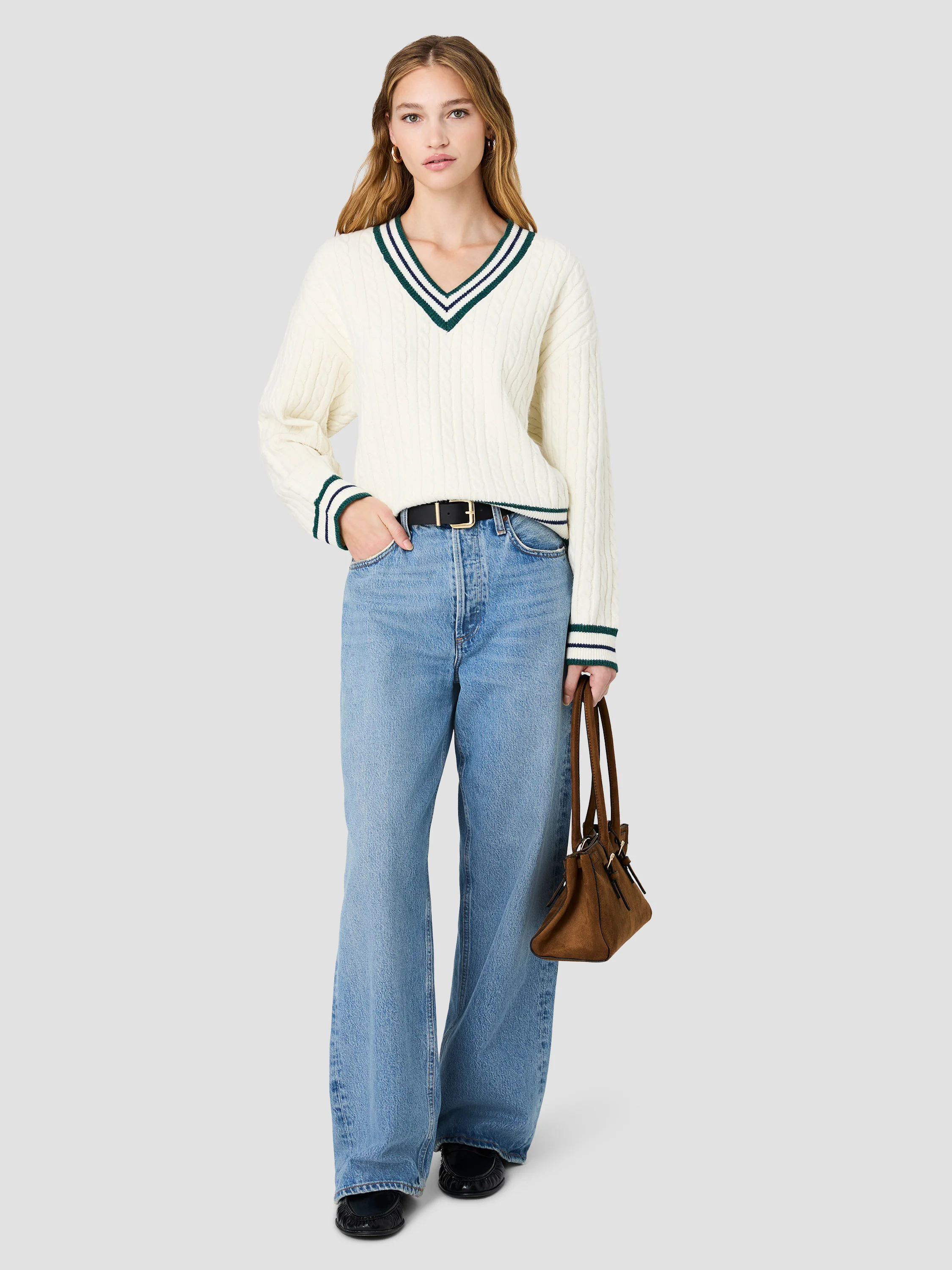 ALEYNA KNIT V-NECK CABLE PULLOVER