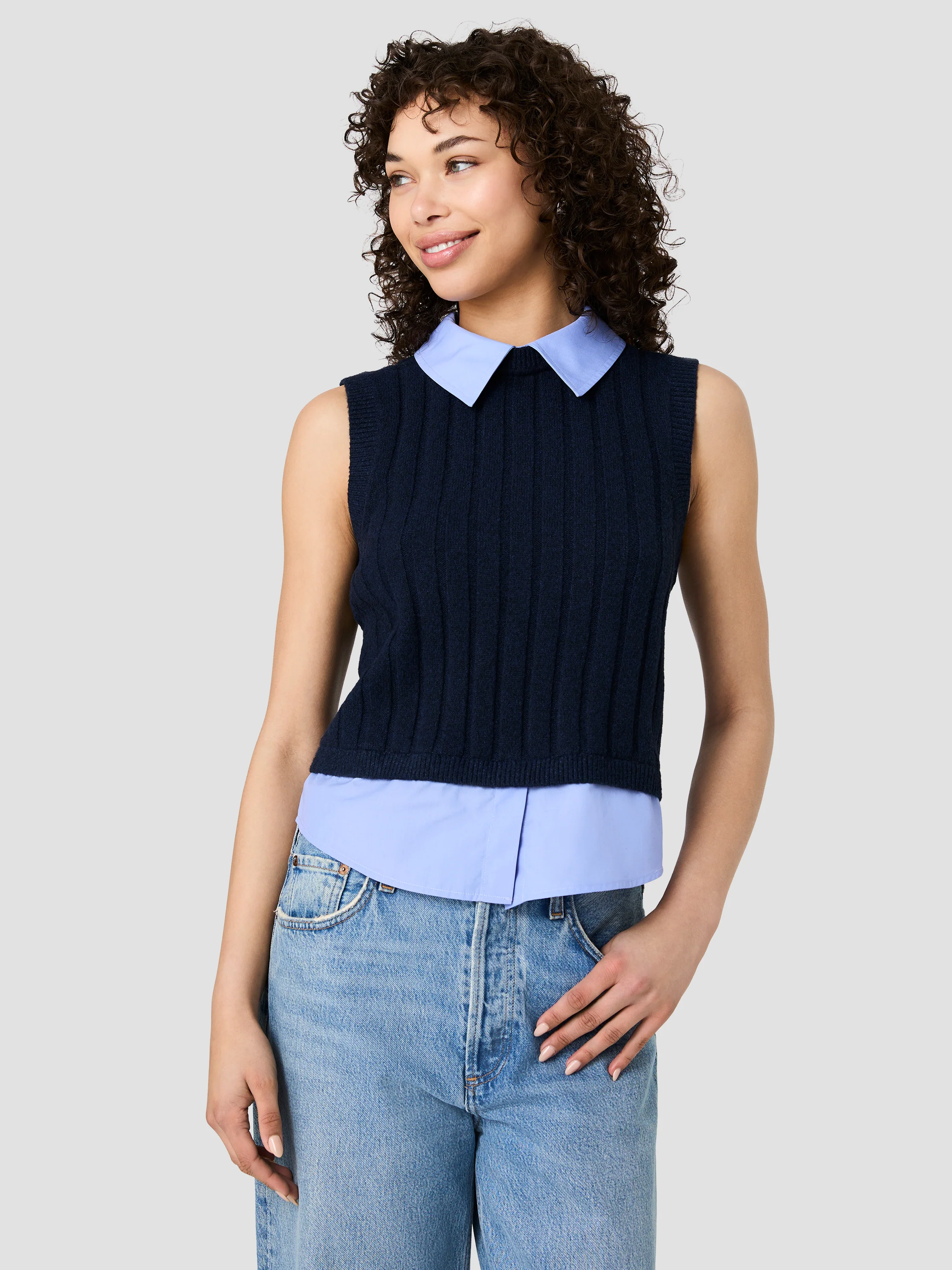 ALEYNA KNIT POPLIN COLLARED VEST - Image 2