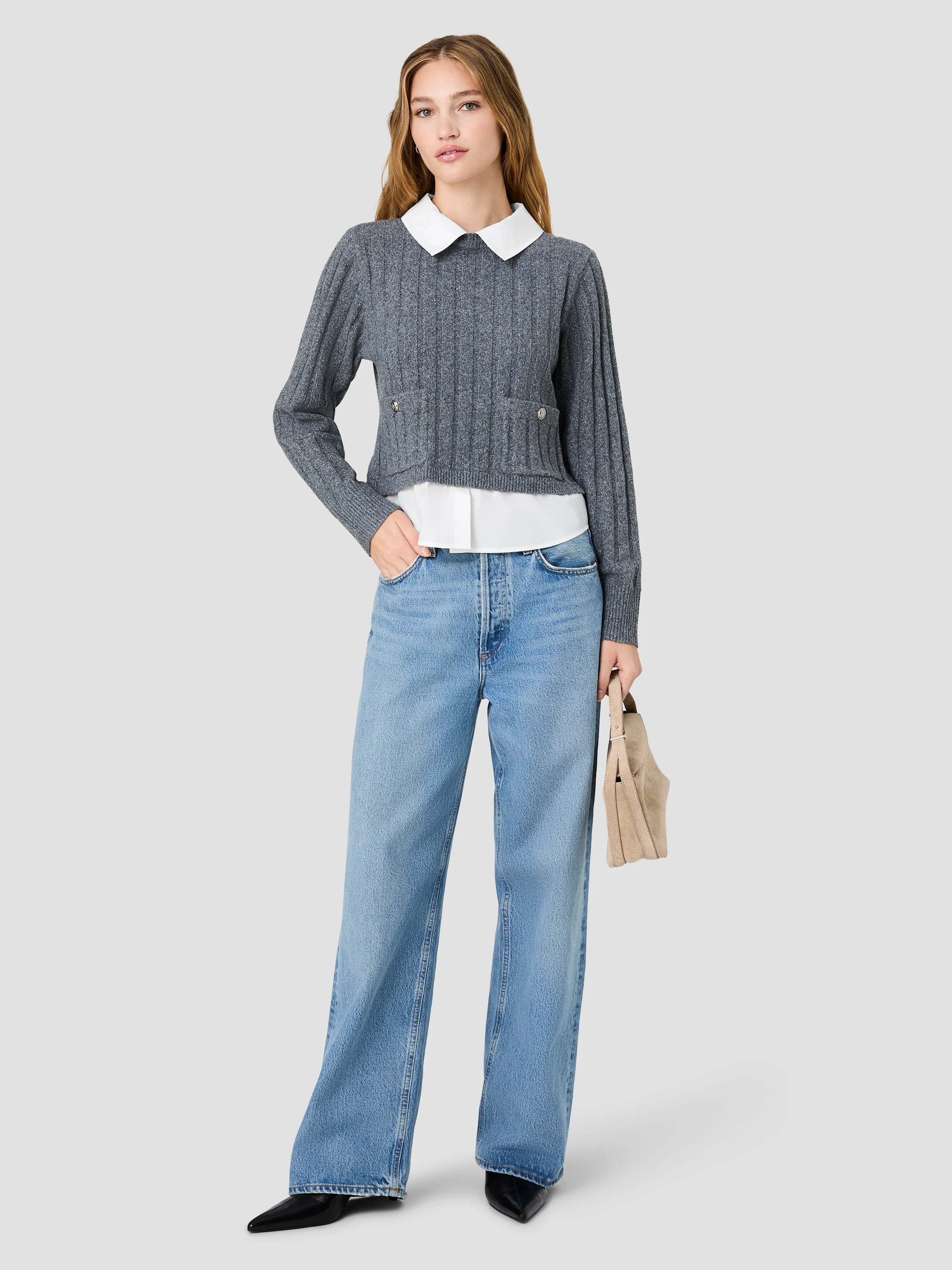 ALEYNA KNIT COMBO COLLARED PULLOVER