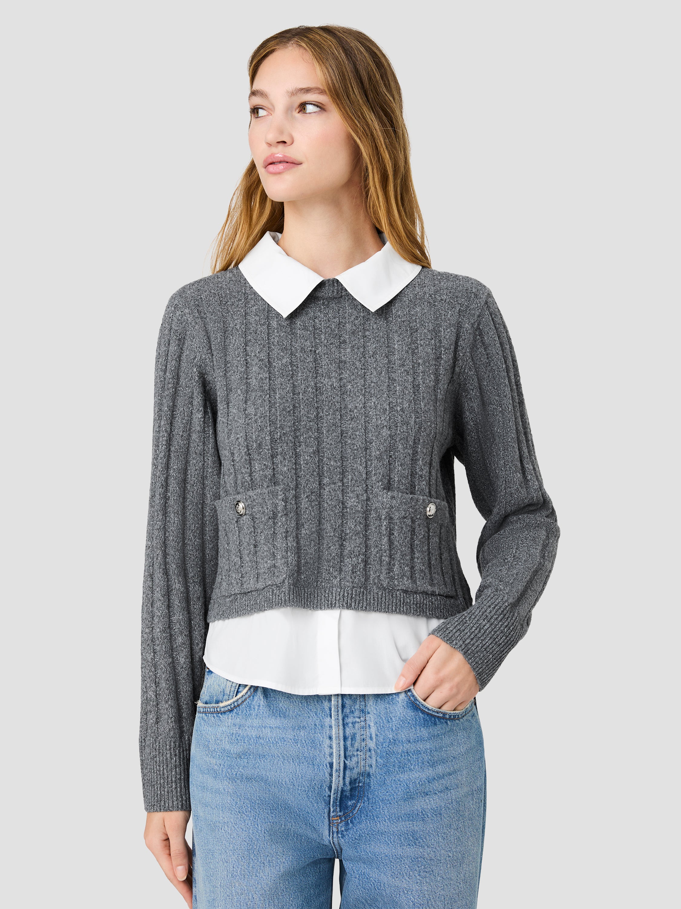 ALEYNA KNIT COMBO COLLARED PULLOVER - Image 2