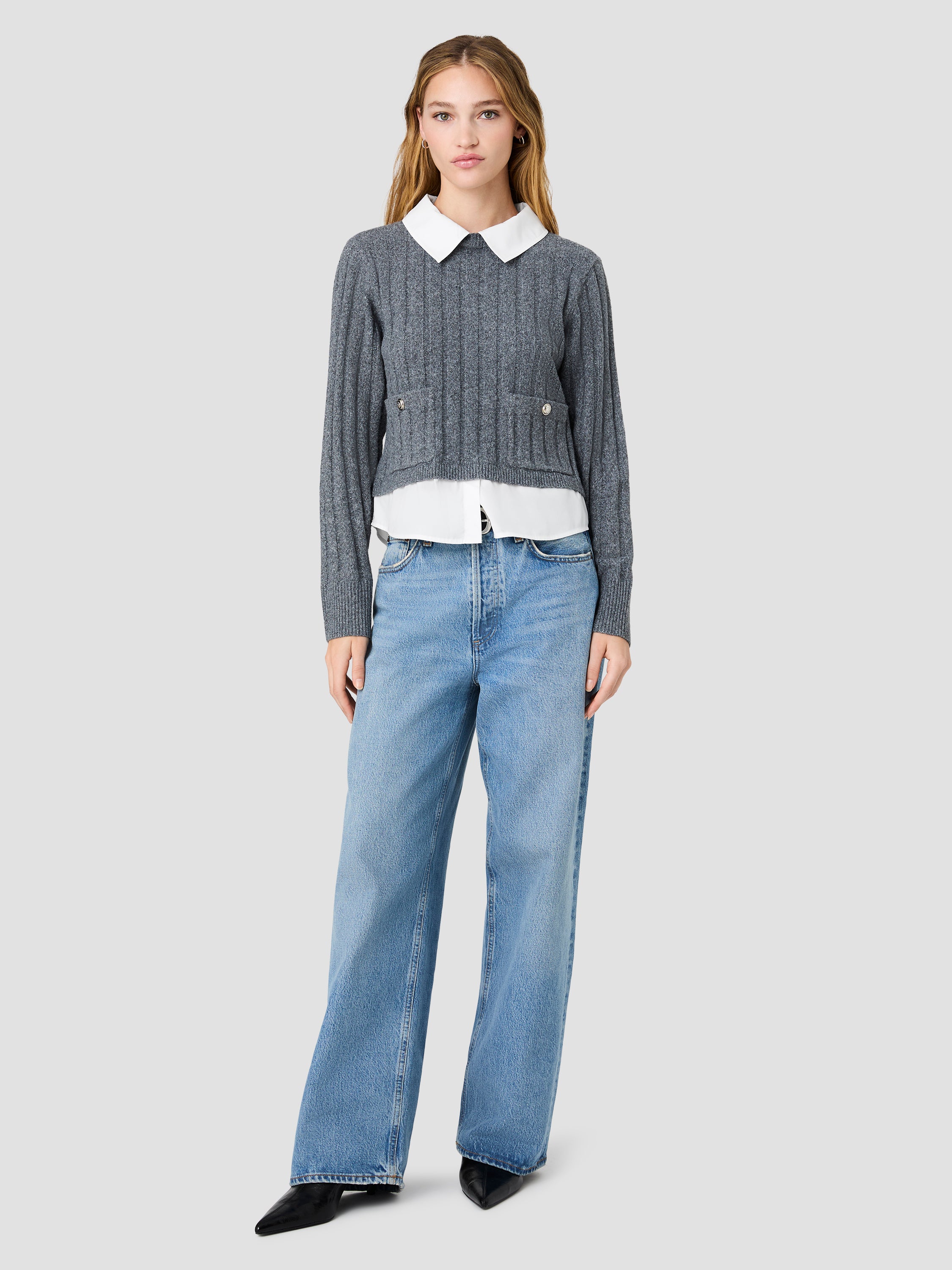 ALEYNA KNIT COMBO COLLARED PULLOVER - Image 6